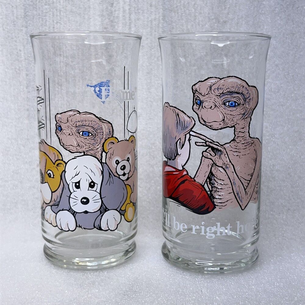 2x 1982 ET The Extra-Terrestrial Drinking Glass Cup Pizza Hut Limited Edition